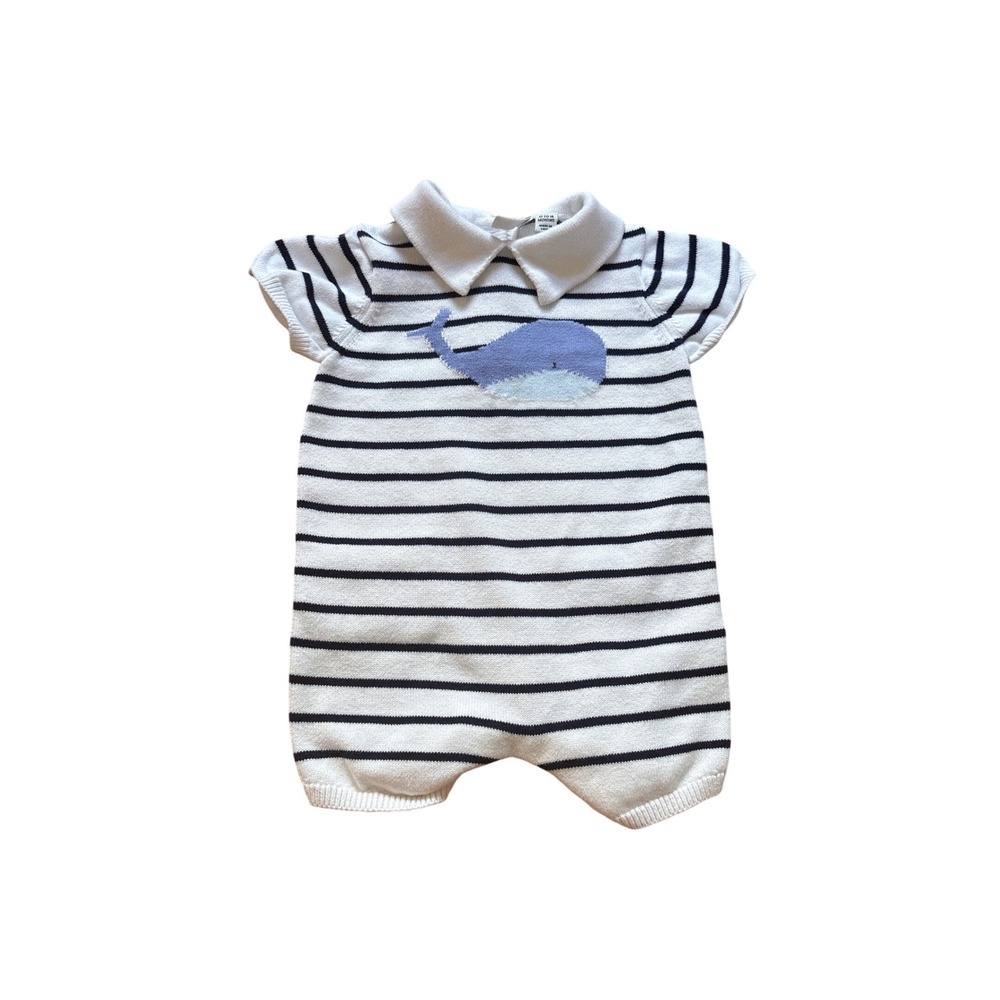 Janie and Jack Romper White Striped Whale Knit Polo Collar SIZE 12-18 Months